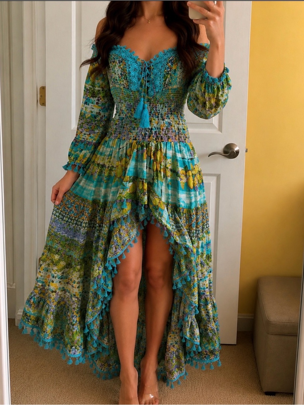 Boho Turquoise Floral High-Low Maxi Dress